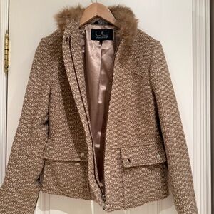 Tan Tweed Jacket with Faux Fur Trim